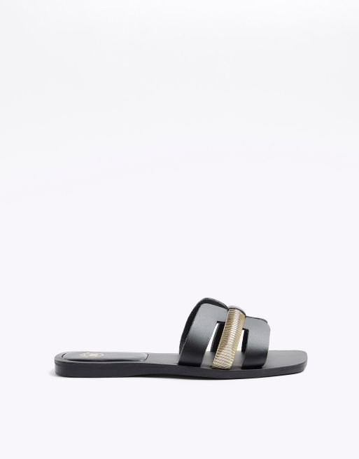 River Island Leather embellished flat sandals in black