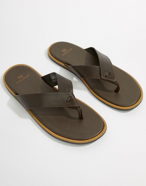 River Island Leather Flip Flop In Brown | ASOS
