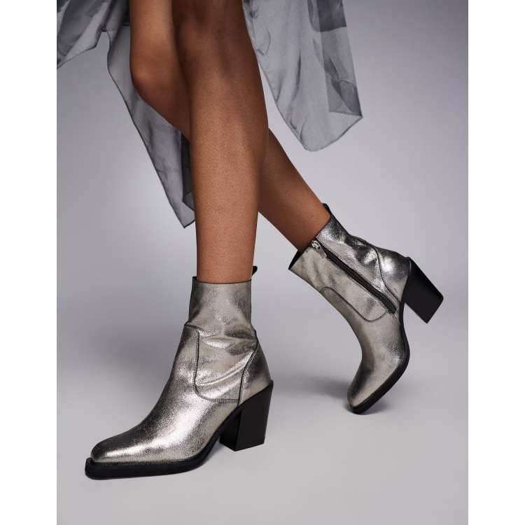 River Island leather heeled cowboy boot in silver ASOS