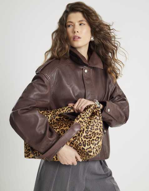 River Island Leather leopard print shoulder bag in brown - view 1