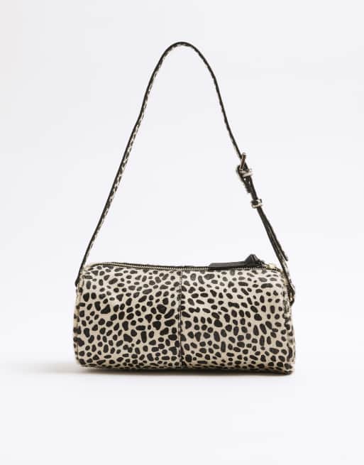 River Island Leather leopard print shoulder bag in cream CREAM