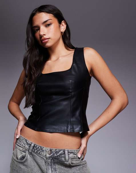 River Island leather look corset top in black - view 1