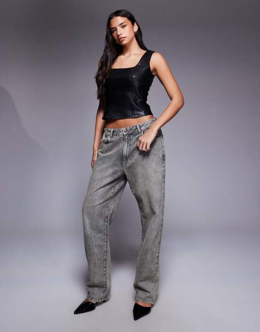 River Island leather look corset top in black ASOS