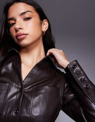 River Island Leather Look Fitted Shirt In Neutral
