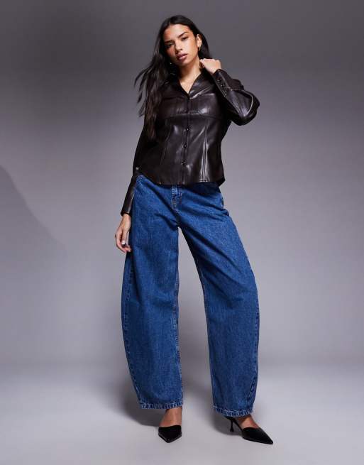 River Island leather look fitted shirt in dark brown