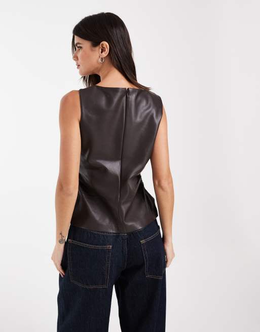 River Island leather look ruched sleeveless top in dark brown, 4 of 4