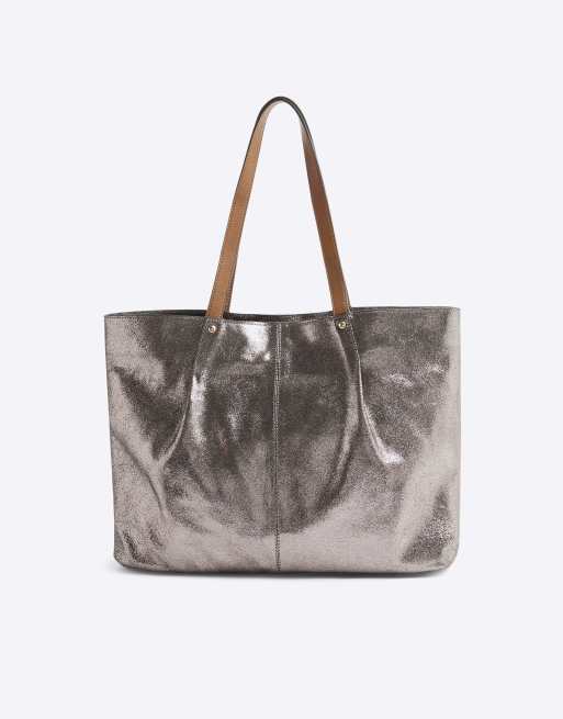 River Island Leather metallic shopper bag in metal - grey