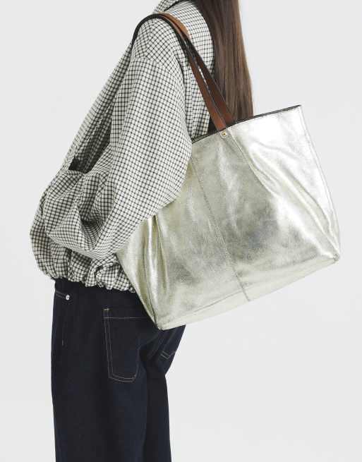River Island Leather metallic shoulder bag in gold