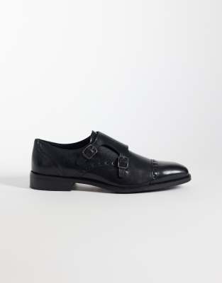 River Island Leather Monk Shoes In Black