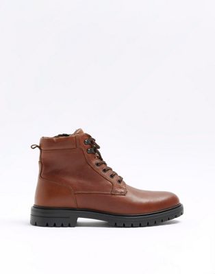 River Island Leather padded collar boots in brown