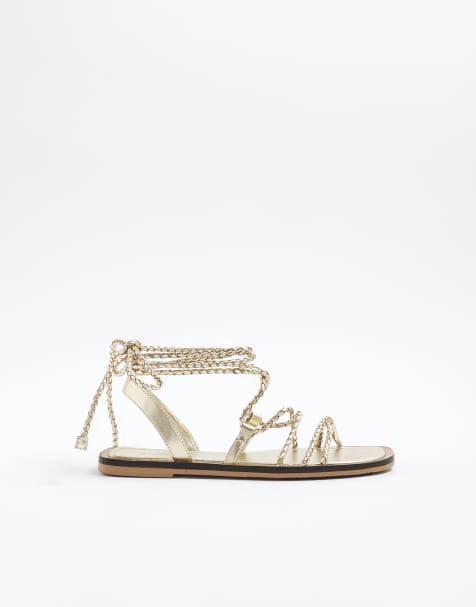 River Island Leather plaited tie up gladiator sandals in gold - view 1
