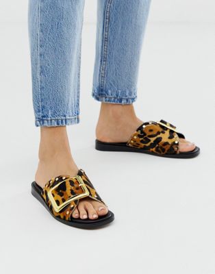 River Island leather slider with buckle in leopard print | ASOS