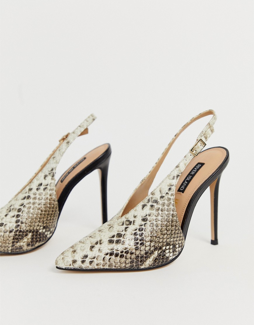 River Island leather slingback heeled shoes in snake print-Grey
