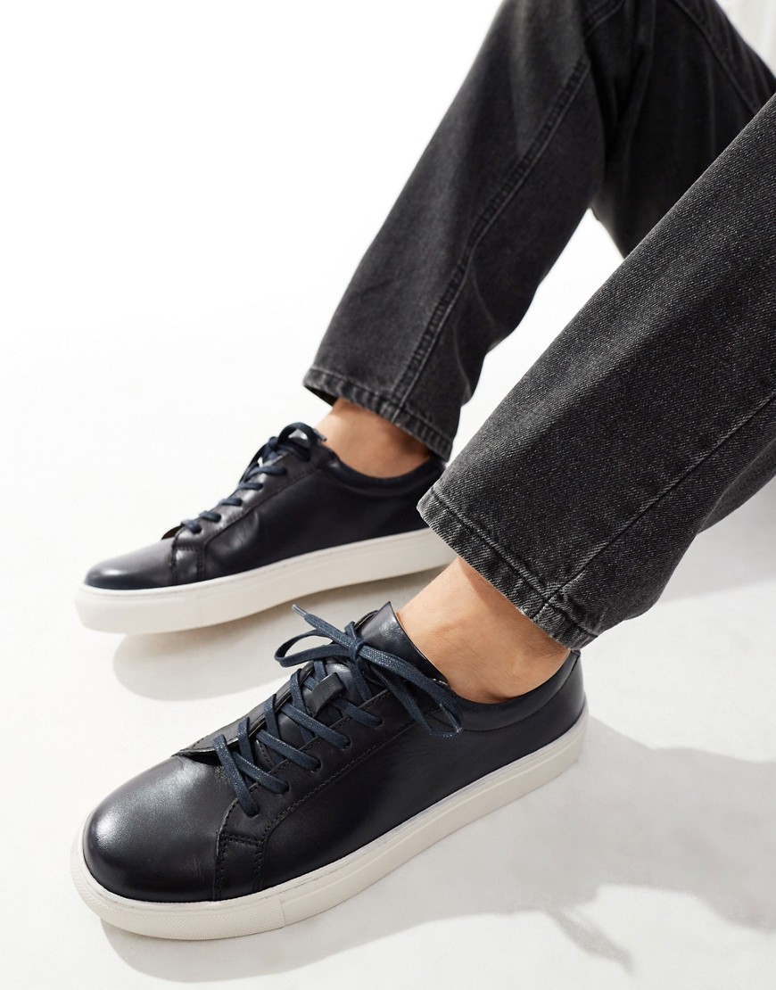 River Island Leather Sneakers In Navy-blue