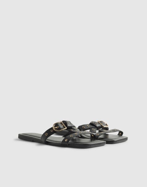 River Island Leather t bar buckle sandals in black - view 1