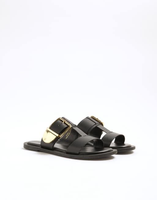 River Island Leather t-bar flat sandals in black