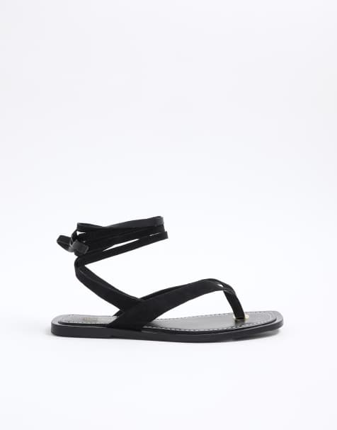 River Island Leather tie up flip flop sandals in black - view 1