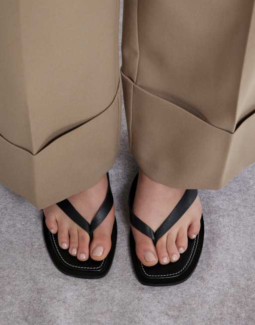 River Island leather toe thong flat sandals in black