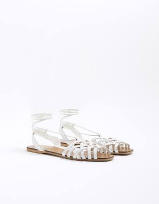  Leather wide fit caged tie up sandals 