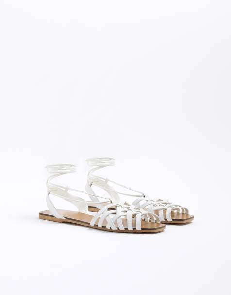 River Island Leather wide fit caged tie up sandals in white - view 1
