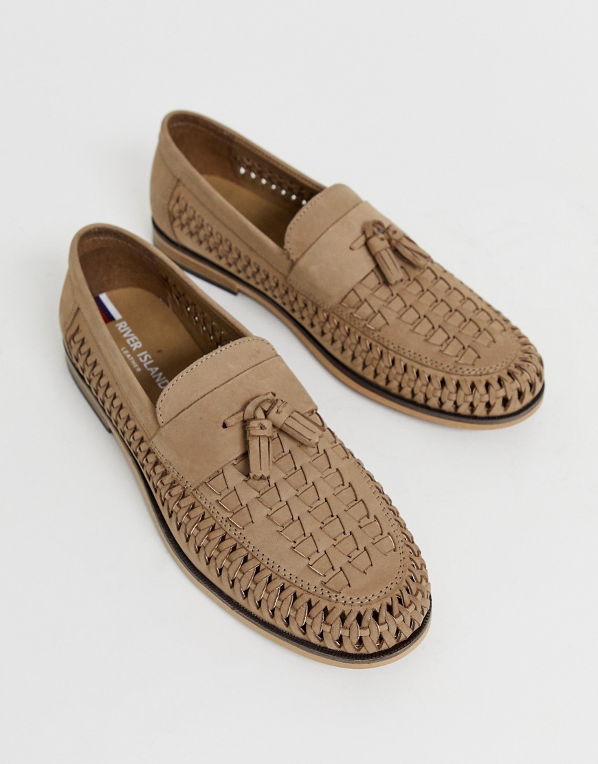 River Island leather woven tassel front loafers-Stone