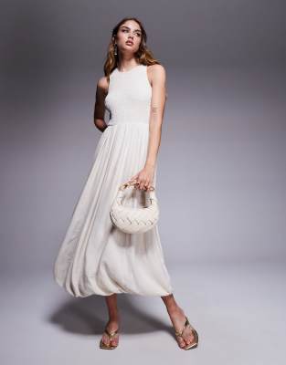 River Island - Leinen-Midikleid in Creme mit Ballonsaum-Weiß
