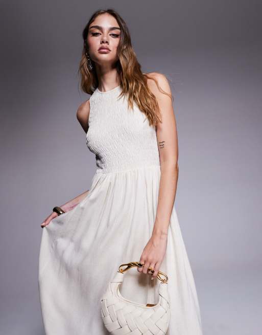 River Island – Leinen-Midikleid in Creme mit Ballonsaum, 3 von 4