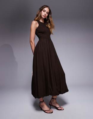 River Island - Leinen-Midikleid in Dunkelbraun mit Ballonsaum