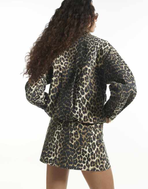 River Island Leopard 5 pocket denim mini skirt in brown, 4 of 4
