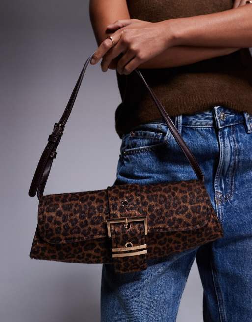 River Island leopard buckle front shoulder bag in brown