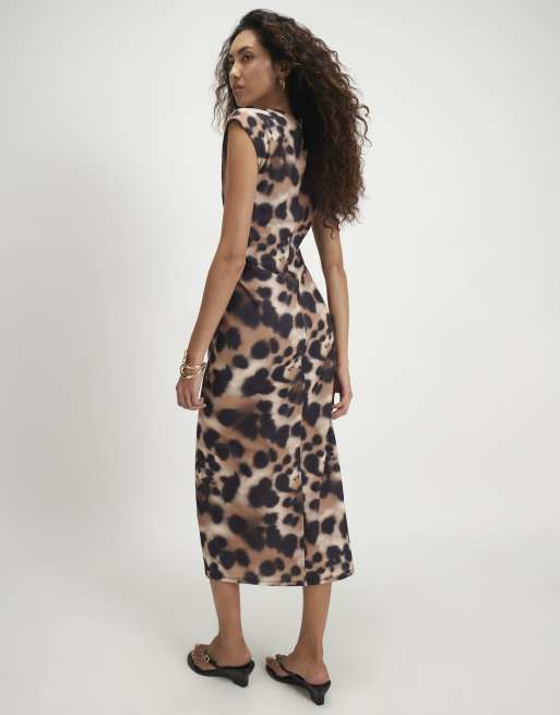 River Island Leopard cap sleeve hardware midi dress in brown, 4 of 4
