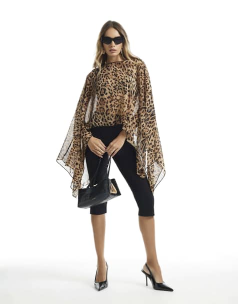 River Island Leopard chiffon waterfall cape in brown - view 1