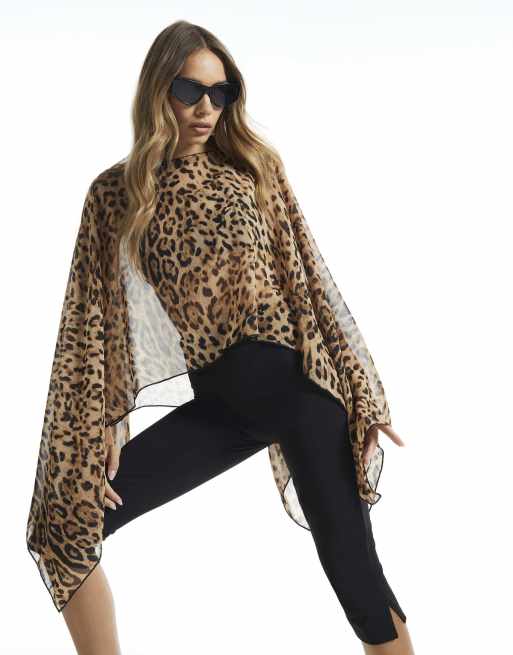 River Island Leopard chiffon waterfall cape in brown, 3 of 4