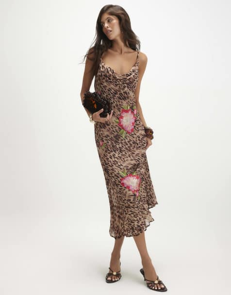 River Island Leopard cowl neck slip midi dress in brown - view 1