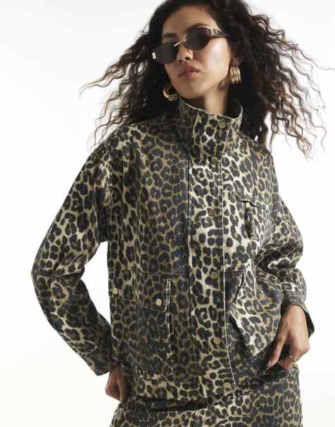 River Island Leopard denim funnel neck jacket in brown - view 1