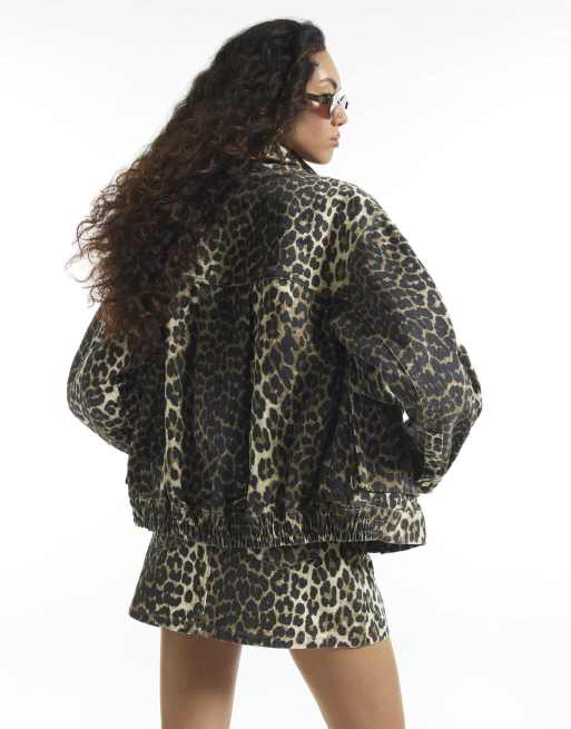 River Island Leopard denim funnel neck jacket in brown, 4 of 4