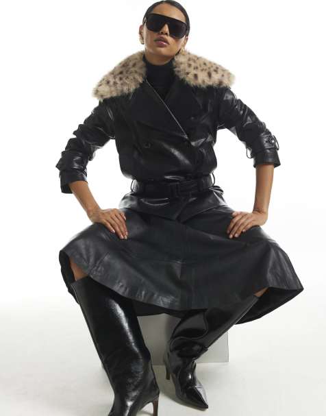 River Island Leopard faux fur collar trench coat in black - view 1
