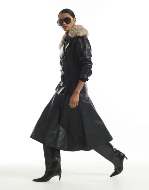 River Island Leopard faux fur collar trench coat in black, 3 of 4