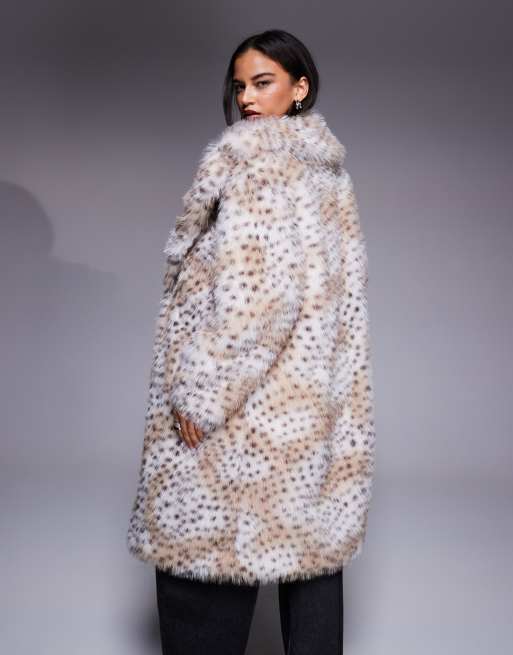 River Island leopard faux fur long line coat in cream, 3 of 4