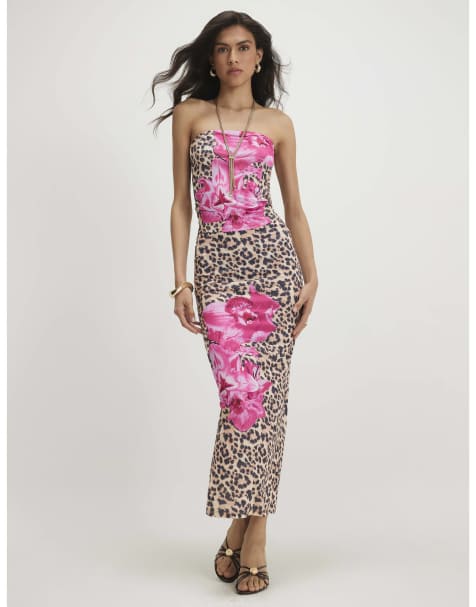 River Island Leopard floral bandeau top in brown - view 1