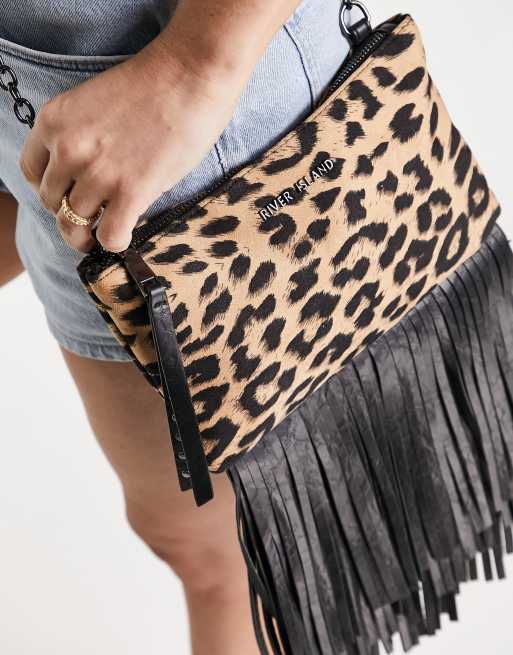 River Island leopard fringed cross body bag in brown