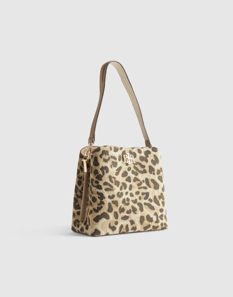 River Island Leopard jacquard bucket bag in beige - view 1