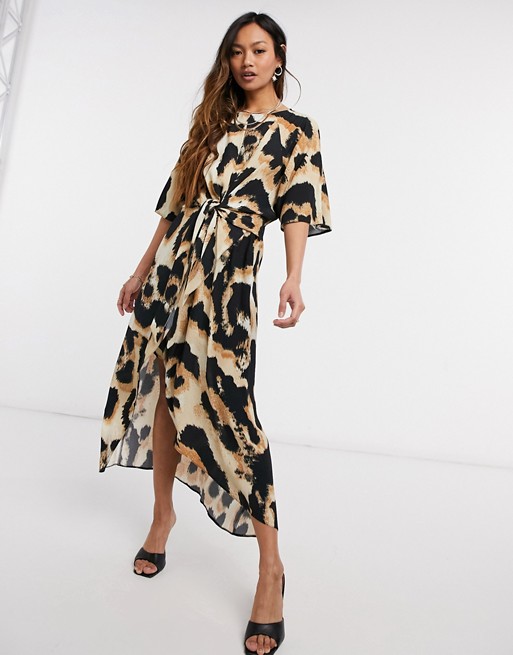 River Island leopard knot front wrap midi dress in brown
