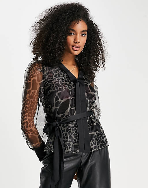 Women Shirts & Blouses/River Island leopard organza tie waist blouse in black 