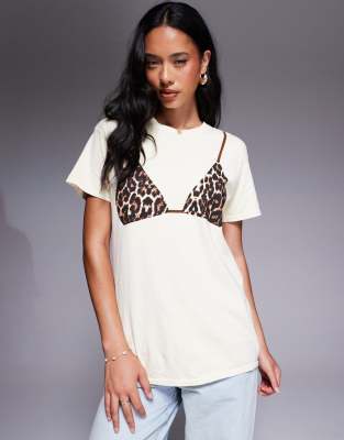 River Island leopard print bikini t-shirt in cream-White
