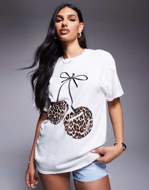 River Island leopard print cherry boyfriend t-shirt in white - view 1