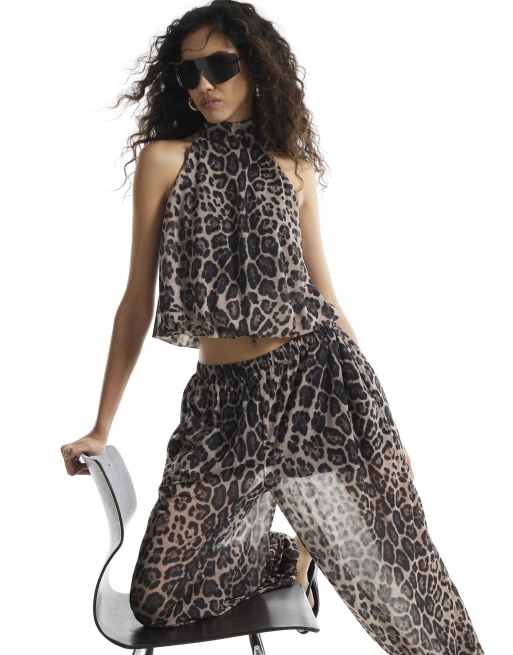 River Island Leopard print chiffon balloon trousers in brown, 3 of 4
