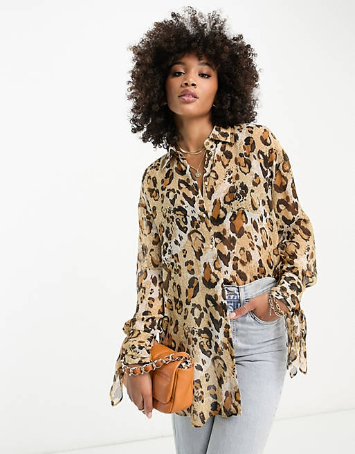 Fonetiek cultuur Kosciuszko River Island leopard print chiffon blouse in brown | ASOS