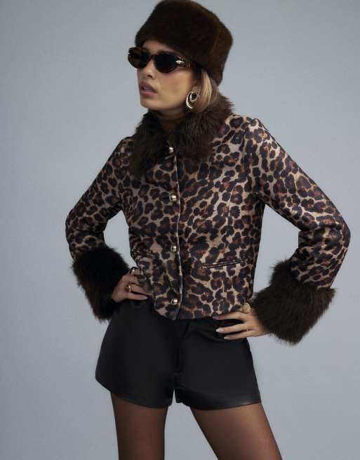 River Island Leopard print faux fur cuff coat in brown, 3 of 4