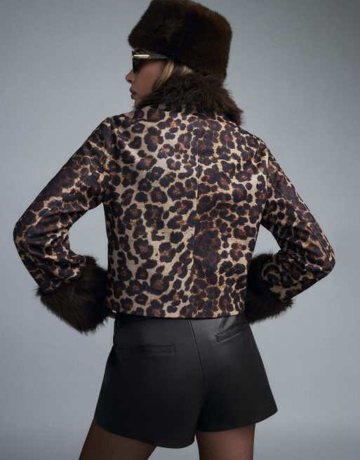 River Island Leopard print faux fur cuff coat in brown, 4 of 4
